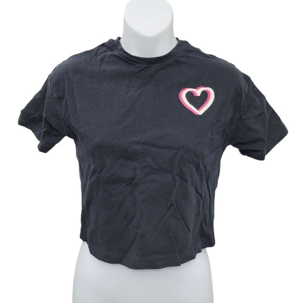 2/$2 George Black With Pink Heart Top Tee T-shirt Crop Top Size: Small